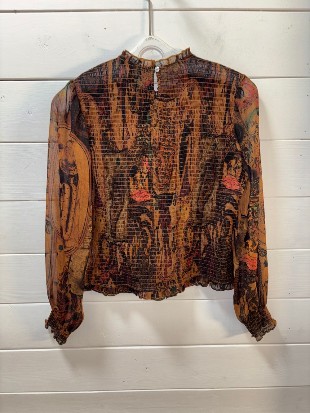 DESIGUAL Brown Printed Smocked Mesh Top Size XL - Picture 8 of 10